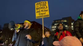 Man making a speech at the protest for Tyre Nichols in New York, USA