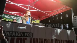 Sarah from the teachers union talks at the Right To Strike Protest which was held opposite Downing Street In Westminster