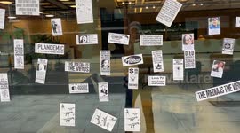 'The Media Is The Virus' ITV News building covered in stickers by conspiracy theorists in London