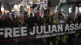 Stella Assange speaks during the parade for Julian Assange