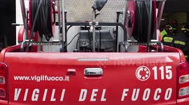 Firefighters during the demolition of the bunker of Camorra boss Michele Zagaria, in via Mascagni in Casapesenna, the demolition process will last about two weeks.