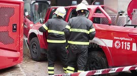 Firefighters during the demolition of the bunker of Camorra boss Michele Zagaria, in via Mascagni in Casapesenna, the demolition process will last about two weeks.