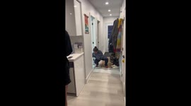 Group of friends in hysterics as they attempt to remove rat from their home