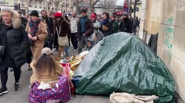 Homeless and demonstrators against the pension reform in Paris, France