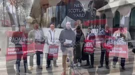 Alliance For Police Accountability react to the Casey report on Met Police outside New Scotland Yard