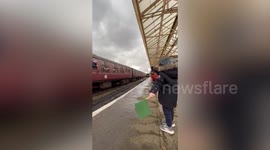 Adorable lad blows whistle at Flying Scotsman – just like his station master grandad