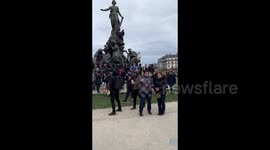 Gorilla costume at the protest against pension reform in Paris, France