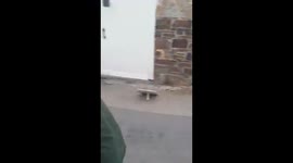 Hilarious Video - Man trying to ride a kids scooter, & nearly getting hit by a truck! Idiot!