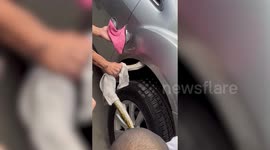 Wild python hiding under car has ferocious tug-of-war with locals