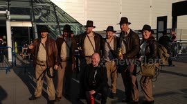 An odd appearance of a group of Indiana Jones with a golden Porg makes an appearance at Star Wars Celebration held at the Excel Center in London