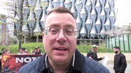 David Clews and James Harvey speak against the Ukraine War outside the UK  US Embassyahead of a planned demonstration in Central London tomorrow