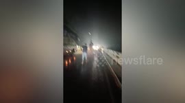 Elephants remove fallen tree blocking traffic during storm