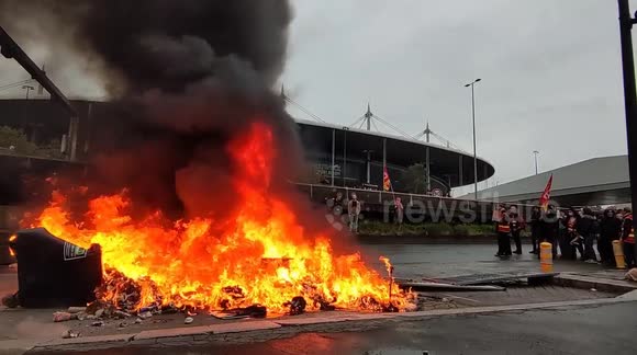 French protesters rally outside Paris 2024 Summer Olympics' construction site against pension reform