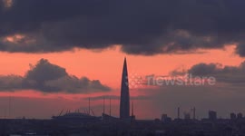 Beautiful sunset with rainy skyline in St Petersburg, Russia