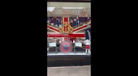 Coronation union jack window display for King Charles in Windsor on the high street, located at Daniel Department Store