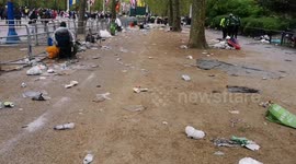 A right royal mess: The Mall in London is left in disarray with garbage scattered everywhere