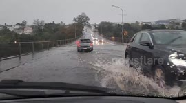 Flooding on Bond Street overbridge in Kingsland, New Zealand
