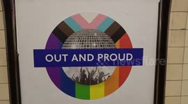 Out and Proud roundel at Vauxhall tube station in London