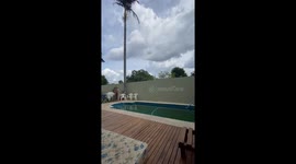 Playful pup outsmarts owner in a game of chase around the pool