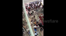 Shoppers swipe decorative roses from escalator in a Chinese mall