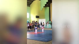 Toddlers throw fake kicks and punches as they refuse to hurt each other at taekwondo tournament