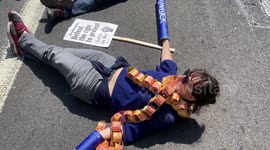 Protesters don fake lock-on devices and superglue costumes in protest against Public Order Bill