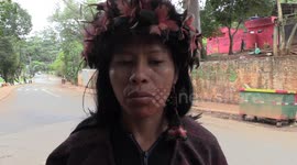 Indigenous leaders talk at protest against PL 490 in Sao Paulo, Brazil