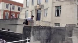 WATCH as a thrill-seeking London teenager performs dangerous-looking flips and tricks from stairways and underpasses in front of bemused policemen at some of the Capital’s most recognisable locations.