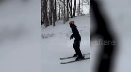 Skier lands on his crotch while trying to slide across rail