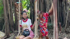 Baby orangutans pose with visitors at zoo Thailand