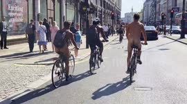 A General View a Numerous Group Of Cyclists Riding The Annual Naked Bike Ride