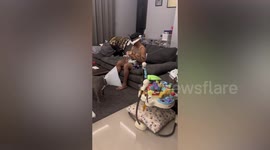 Father wears wife's picture on face to keep baby happy while feeding