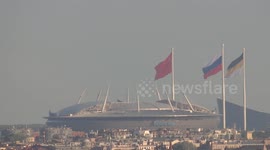 Three huge flags of Russian Impire, Soviet and Russian Federation were set in honour of its anniversaries at Lakhta tower in St Petersburg, Russia