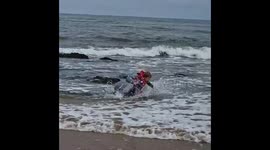 Dad falls head first into sea after trying to stop son getting soaked by waves