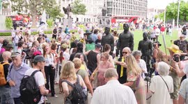 Statues of Julian Assange, Edward Snowden and Chelsea Manning erected at Parliament Square during a protest against the extradition of Assange to USA