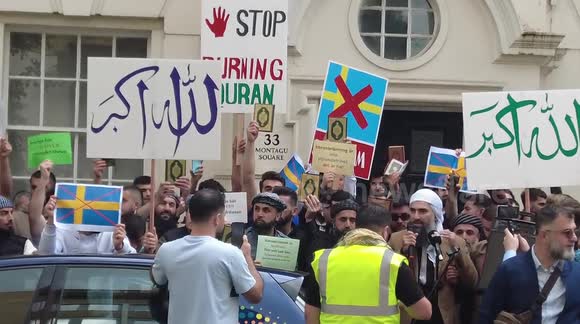 Sweden Quran burning: Muslims protest outside embassy in London