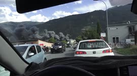 INFERNO : GIANT FIRE , HUGE BLACK SMOKE, INDUSTRIAL COMPLEX DESTROYED IN THE SWISS ALPS,