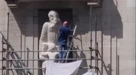 BBC statue by controversial paedophile 'Eric Gill' attacked by David Chic at BBC Broadcasting House on 20th Match 2023