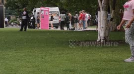 A mystery pink Tardis from Doctor Who is seen being disassembled near Tower Bridge in London
