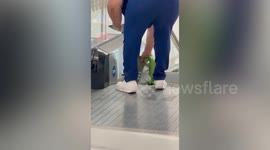 Escalator chews up shopper's SHOE amid tension following airport travelator bloodbath