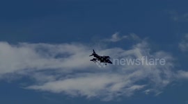Spanish Harrier jet comes in to do its vertical landing and take off hover, right over us.