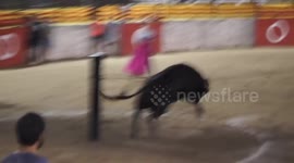 Bull With Flaming Horns Collapses In Heap After Colliding With Obstacle At Cruel Spanish Fiesta In Morella, Spain