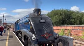 Sir Nigel Gresley 60007 starting up at Shrewsbury Station and ready to depart back home.