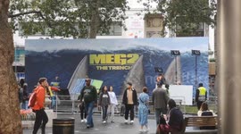 The promotional set for the West End Screening of The Meg 2 The Trench Is taken down in Leicester Square