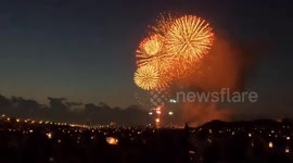 August 5, 2023, Tokyo, Japan: Fireworks light up the sky over the people during the 48th Edogawa Fireworks Festival at Edogawa River.