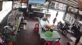 Aggressive pet Labrador Retriever chases after terrified toddler at restaurant