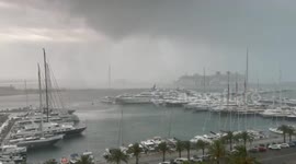 Newsflare Edit - Footage from Palma bay shows moment of storm when Britannia cruise ship carrying British passengers crashes in your other vessel in Mallorca