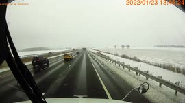 Speeding Snowplow Truck Damages Vehicles on Interstate (ID: 319558382)