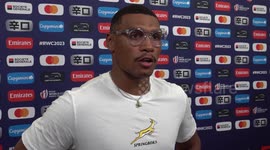Damian Willemse, Pieter-Steph Du Toit and Trevor Nyakane react to World Cup win over Scotland in Marseille, Fraance