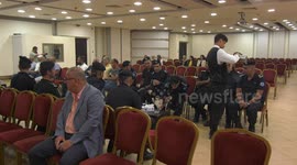 Palestinians participate in offering condolences to the victims of the Moroccan earthquake during a funeral home held in the city of Al-Bireh
